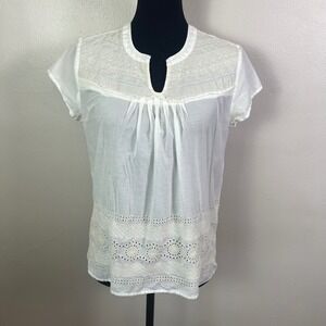 Lucky Brand Embroidered Top Eyelet Details Short Sleeve Blouse Size M